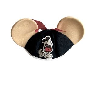 WALT DISNEY Vintage Mickey Mouse Ears Hat B&W w/ Patch Red bow Embroidered name